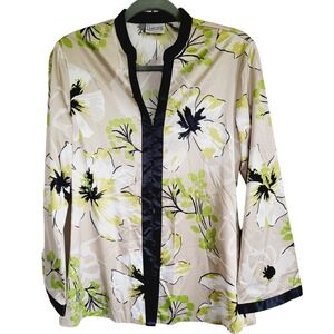 Chico's 0 Blouse Top Long Sleeve Floral Button‎ Front Asian Mandarin Collar NWOT